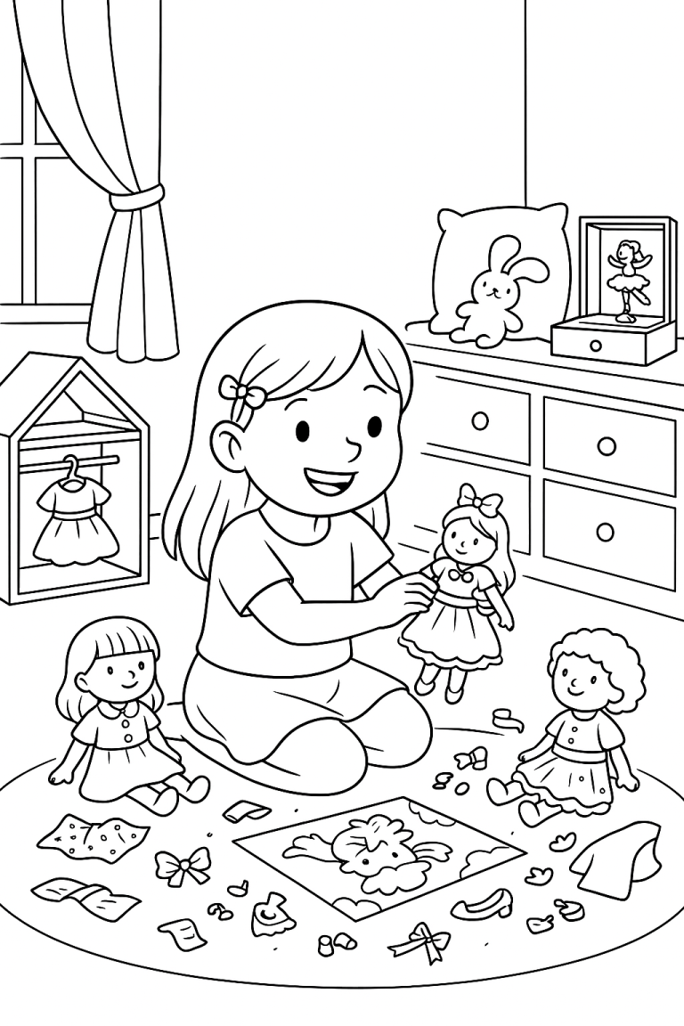 Child playing with dolls in a room coloring page