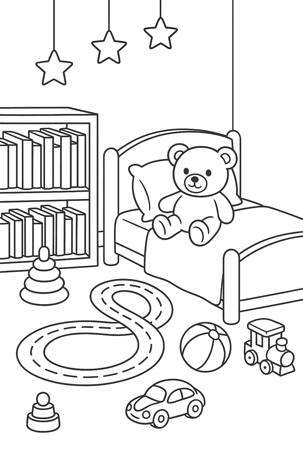 Children's bedroom coloring page with toys and teddy bear