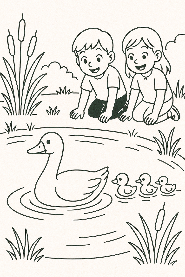 Children watching ducks in a pond coloring page