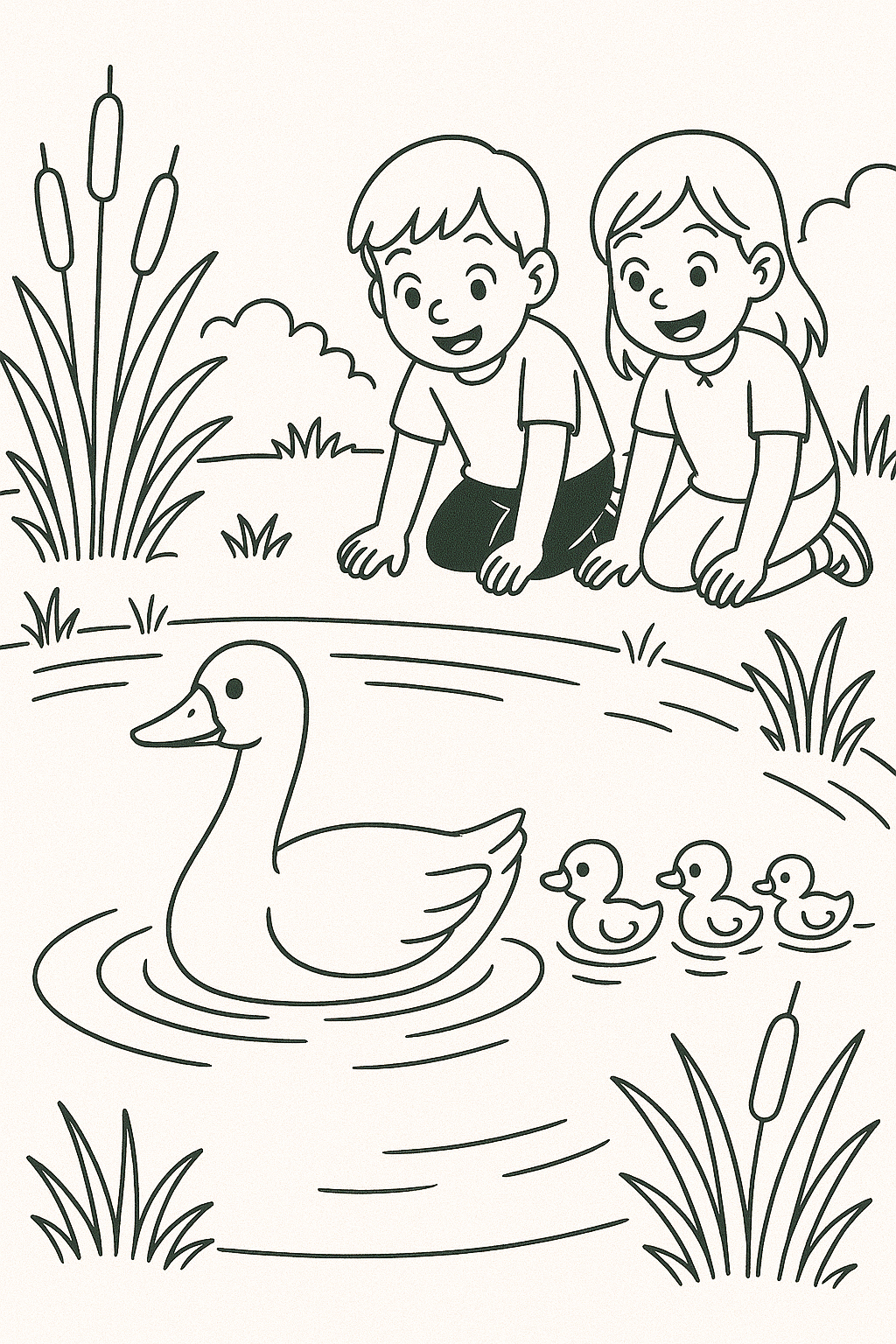 Children watching ducks in a pond coloring page