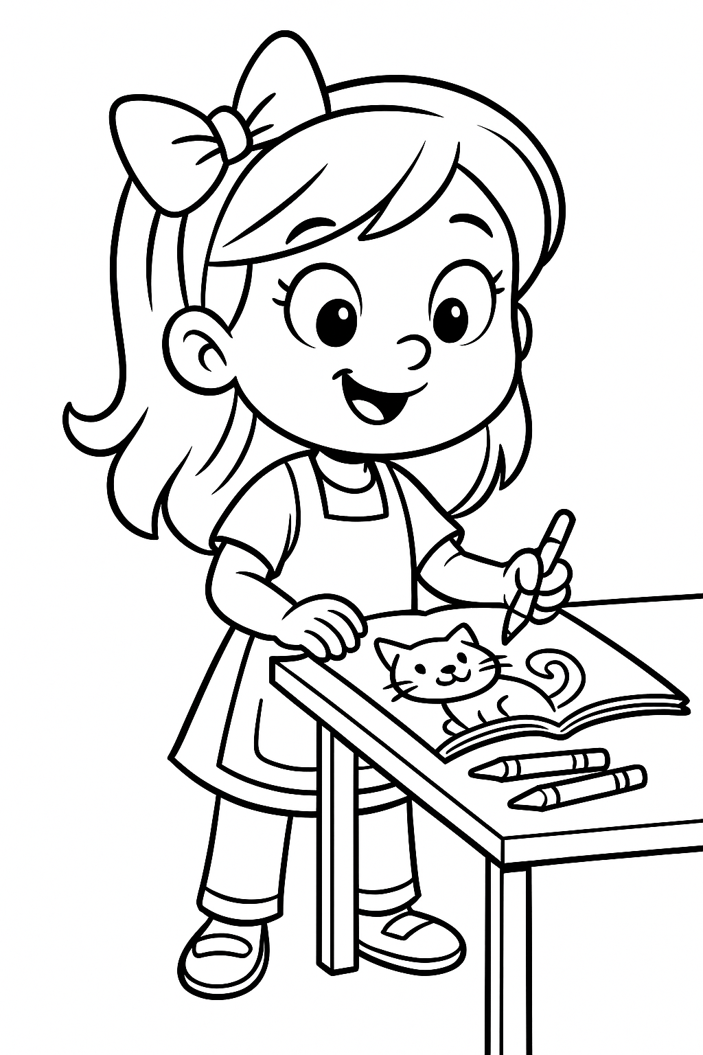 Girl coloring a cat in a book with crayons.