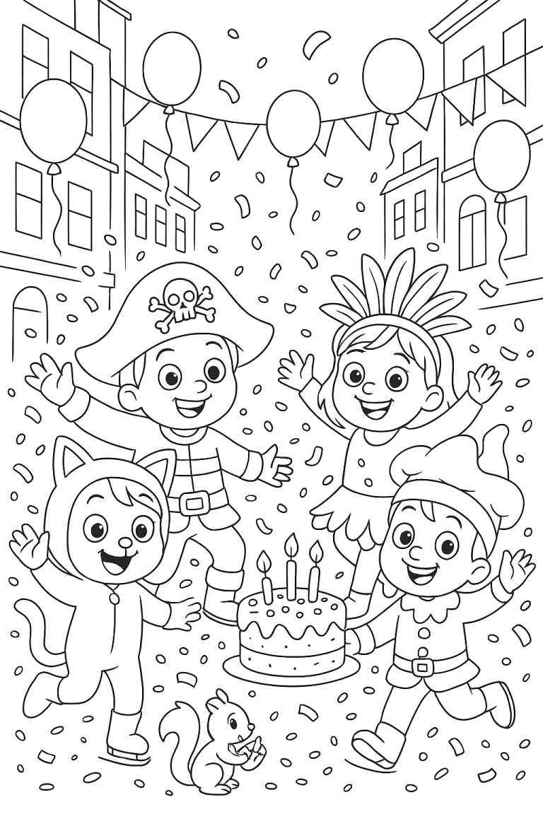 Children in costumes celebrating with a cake and balloons.