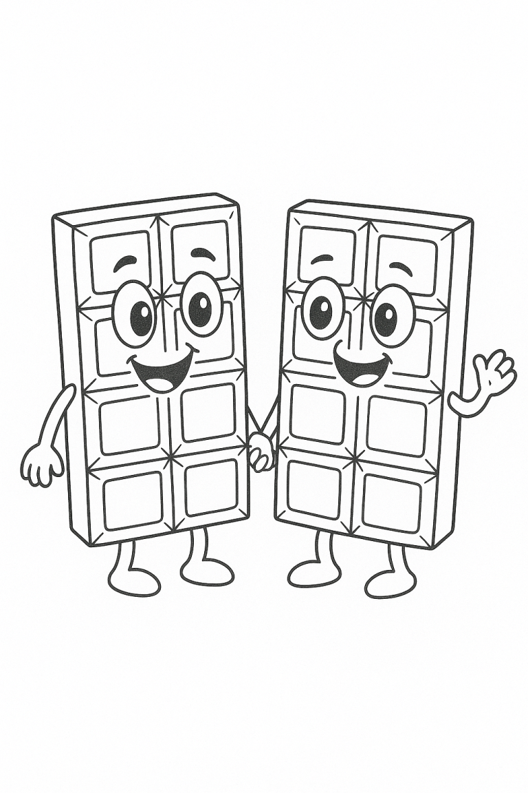 Coloring page featuring two cartoon chocolate bars holding hands