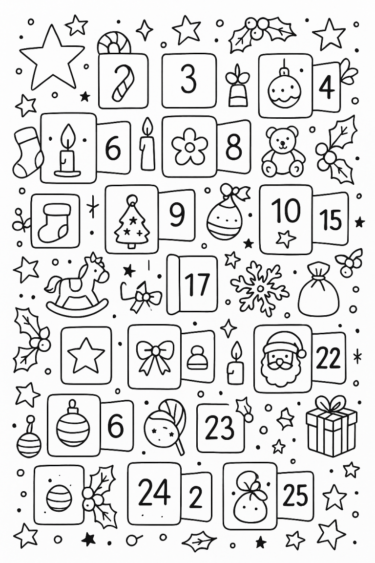 Christmas-themed coloring page with holiday symbols for kids