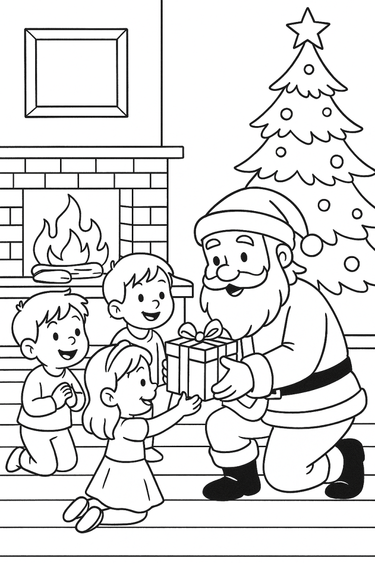 Children receiving gifts from Santa Claus in a cozy Christmas setting