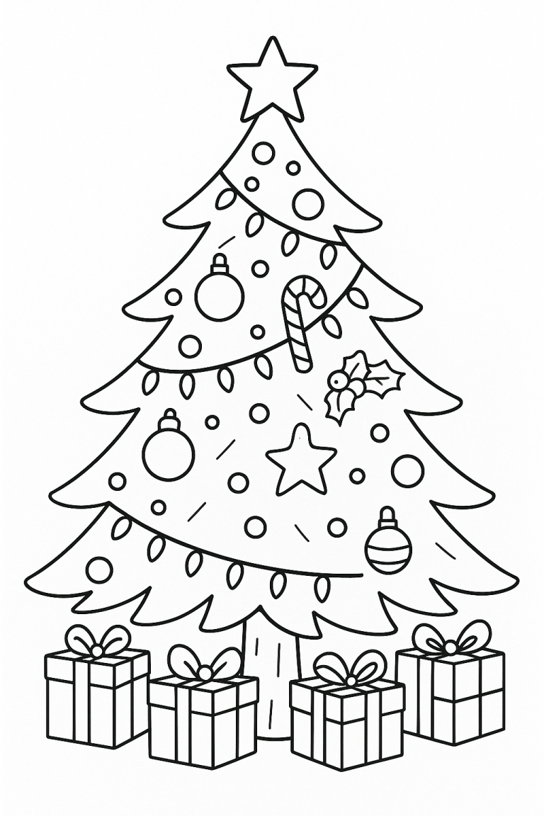 Children's coloring page of a Christmas tree with ornaments and presents.