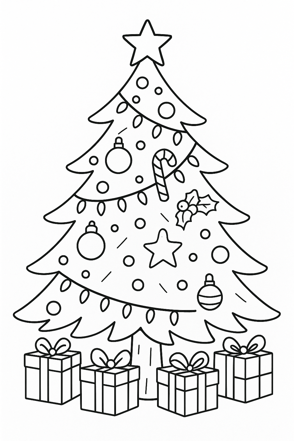 Children's coloring page of a Christmas tree with ornaments and presents.