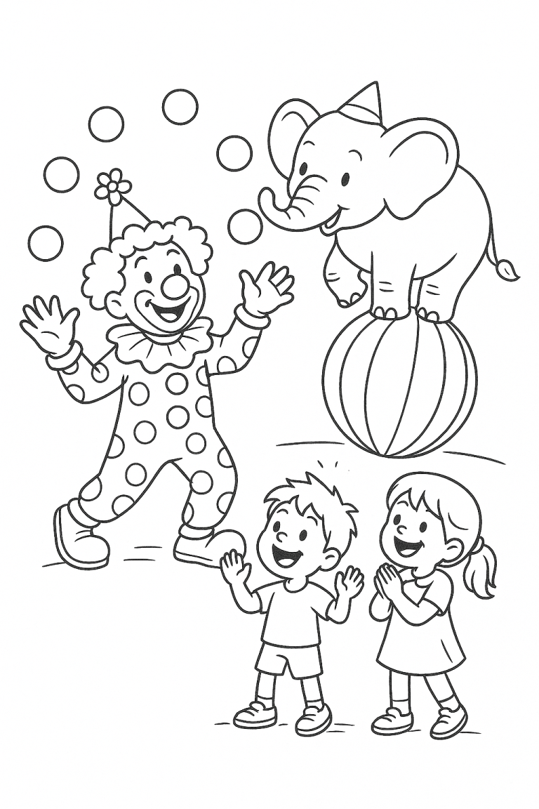 A clown juggling and an elephant on a ball with kids watching