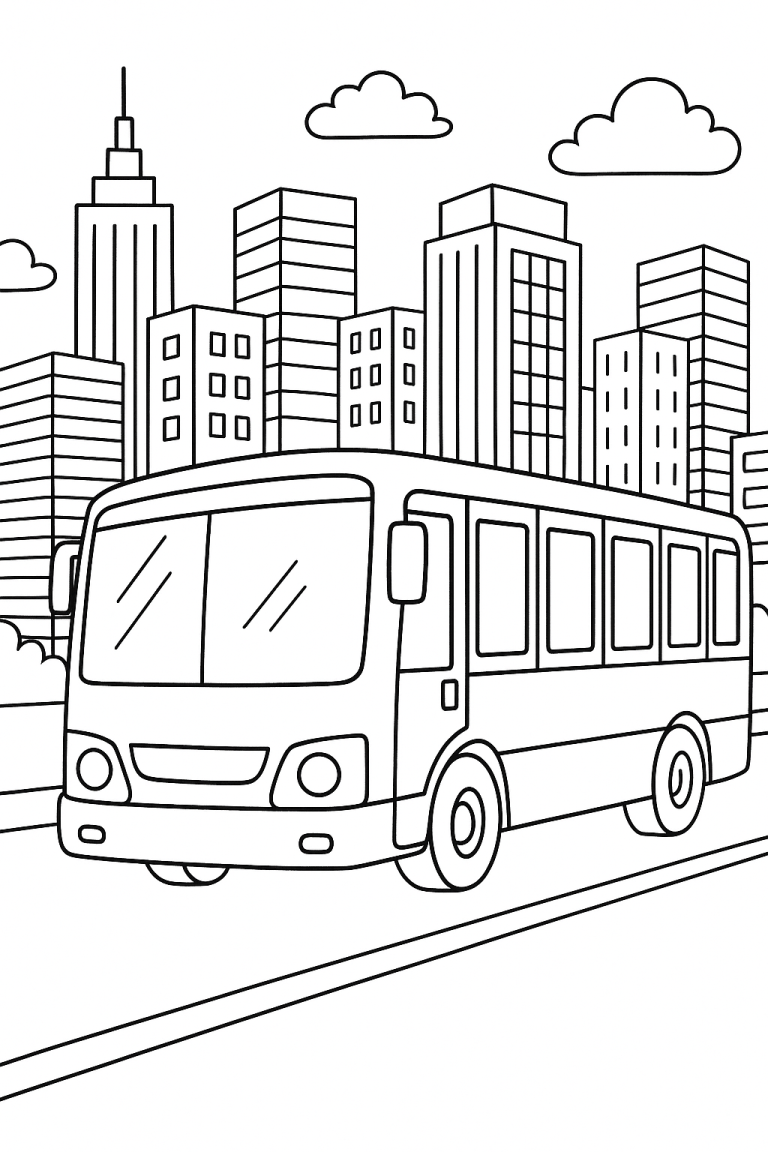 Children's coloring page of a city bus with buildings