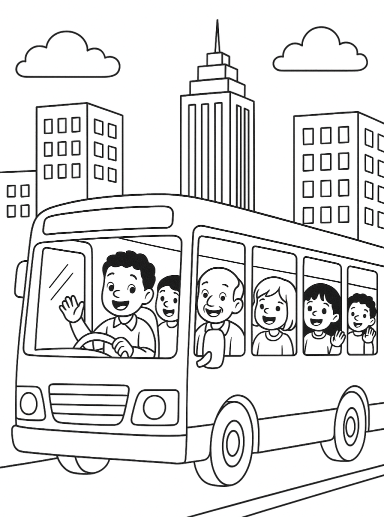 City bus with driver and passengers in an urban setting