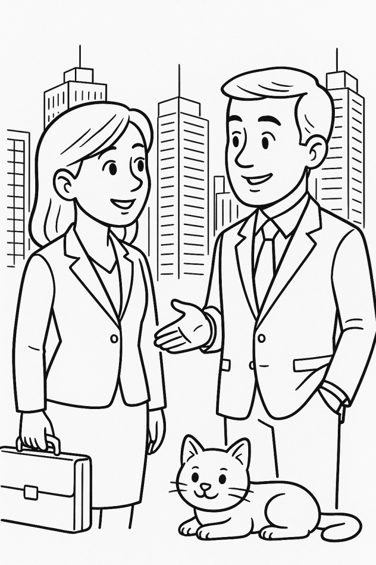 Two professionals and a cat in a cityscape