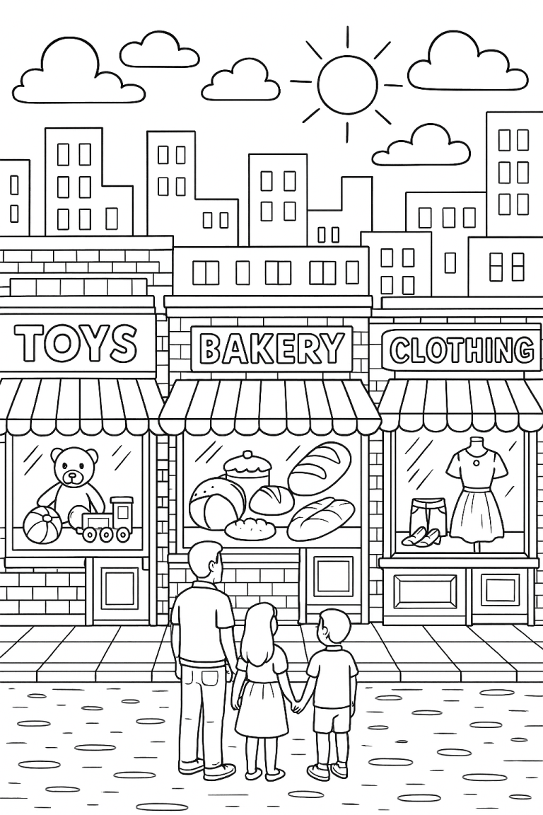 Children's coloring page of a city shopping scene with buildings and shops.