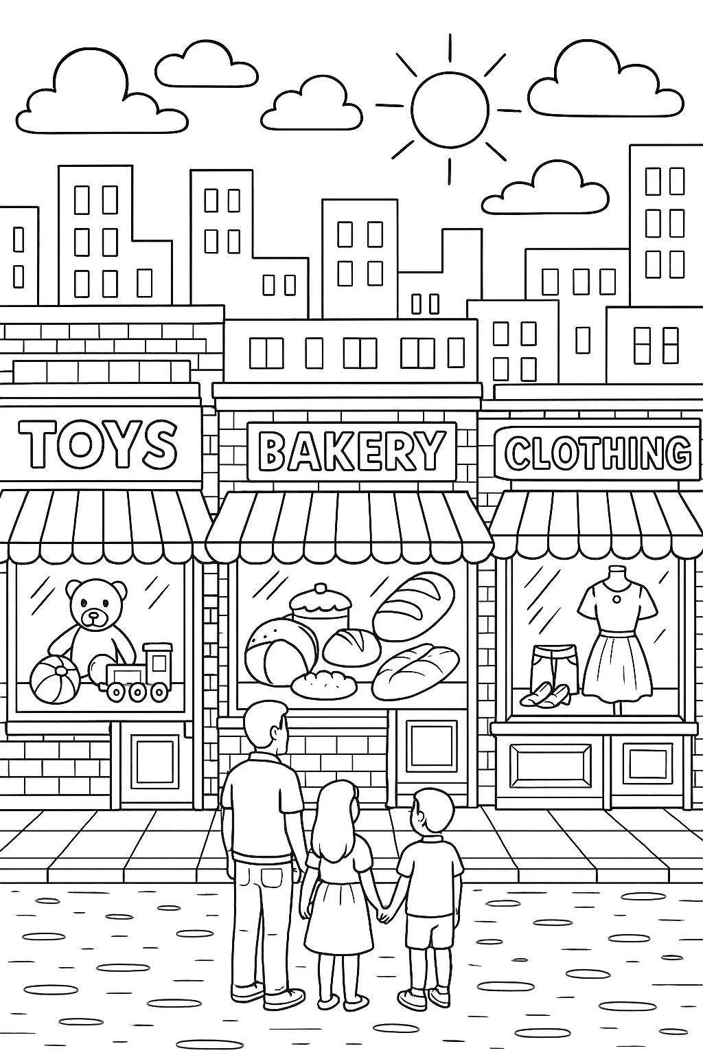 Children's coloring page of a city shopping scene with buildings and shops.
