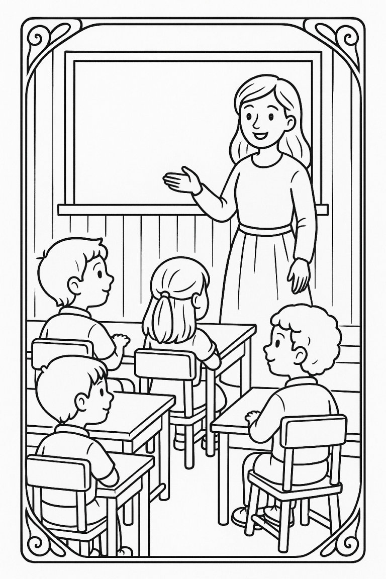 Coloring page of a teacher and children in a classroom