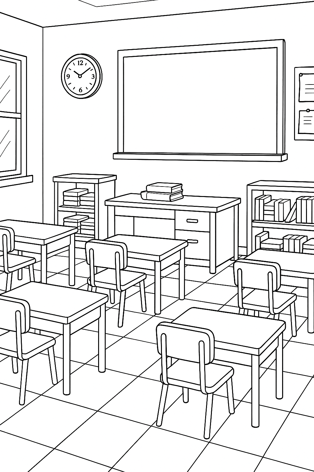 Coloring page of an empty classroom with desks and a board