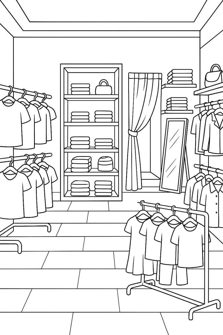 Children's coloring page of a clothing store interior.