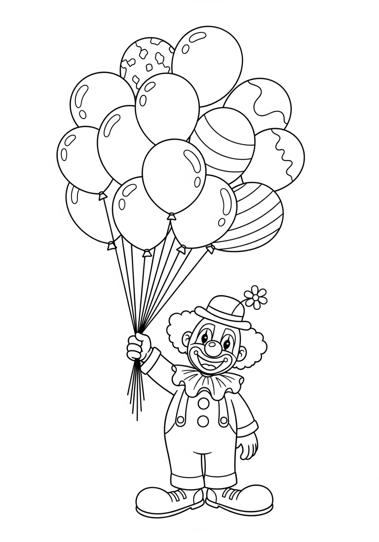 Clown holding a bunch of balloons coloring page