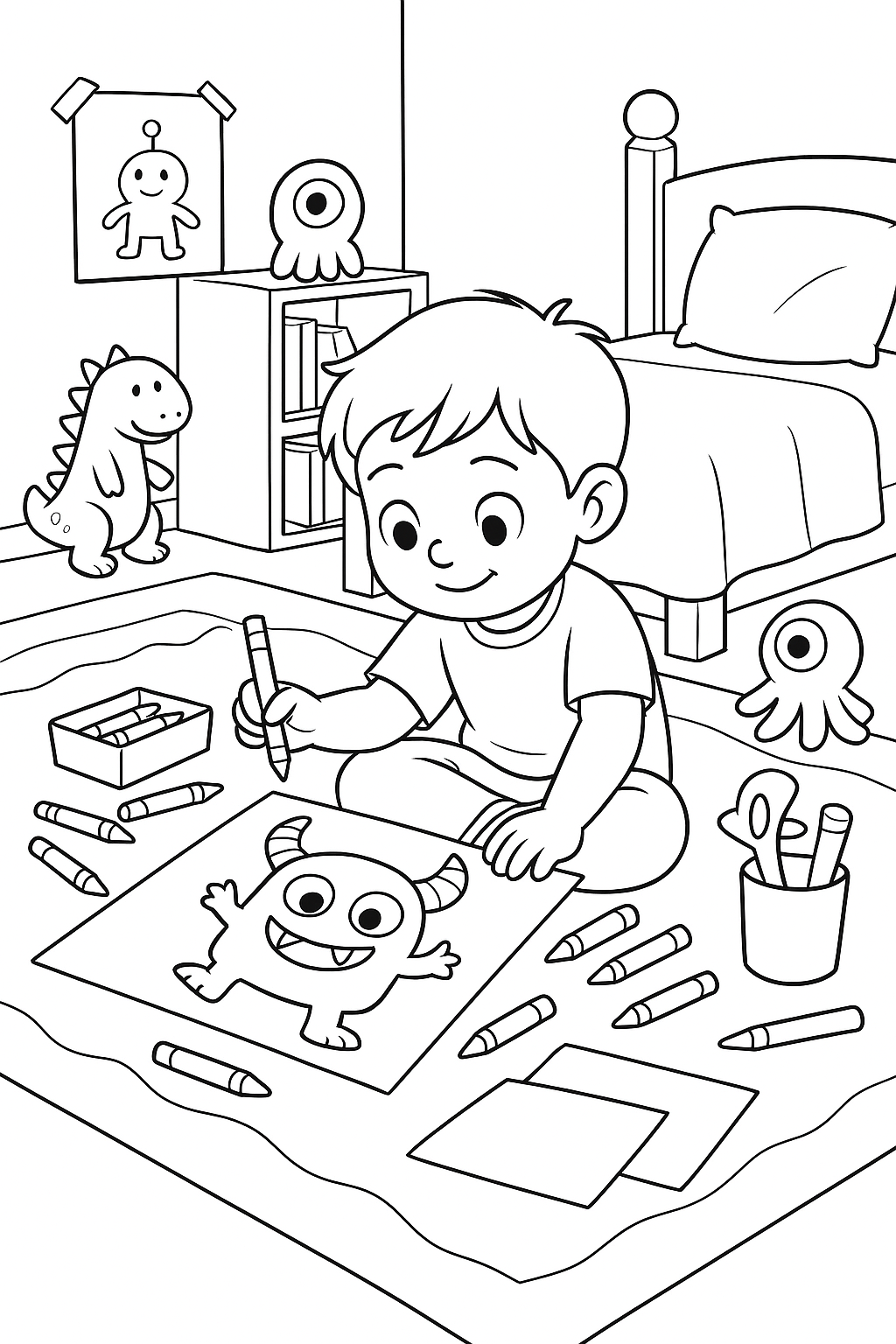 Child coloring in a bedroom with crayons and toys.
