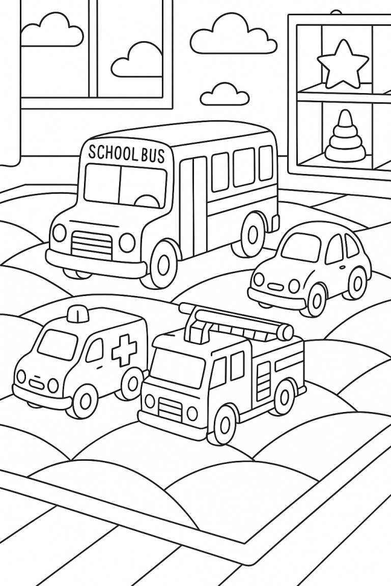 A children's coloring page with transport vehicles