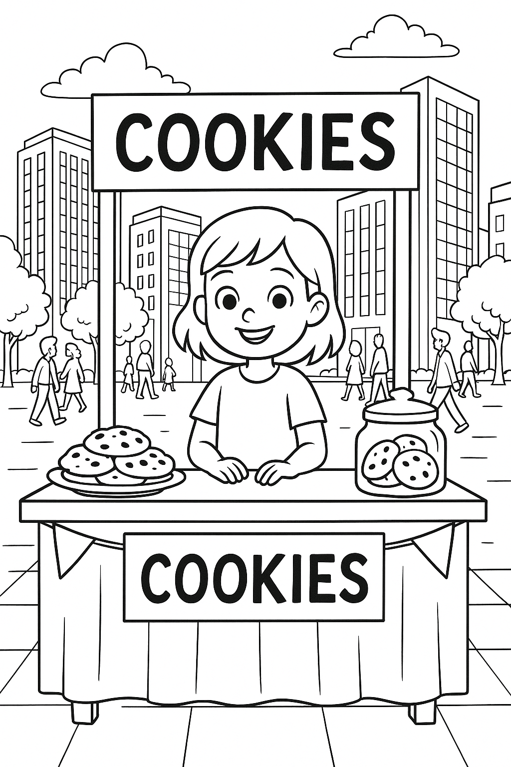 Children's coloring page of a cookie stand in city square