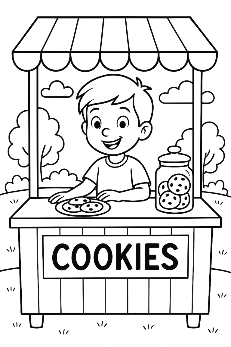 Children's coloring page of a cookie stand in a park.