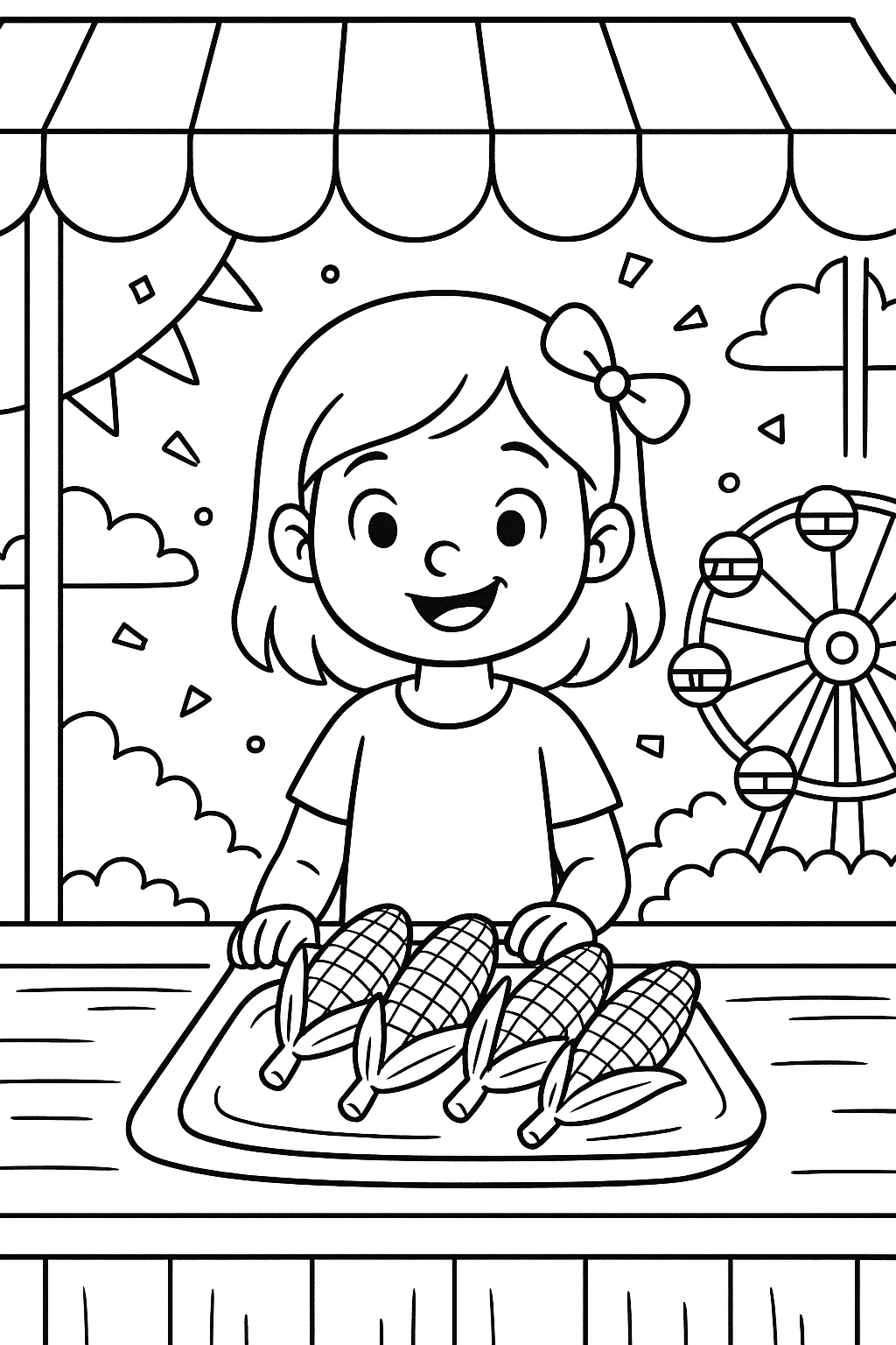Children's coloring page of a corn stand at the fair.