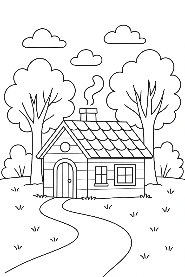 coloring page of a cottage in a landscape with trees and clouds