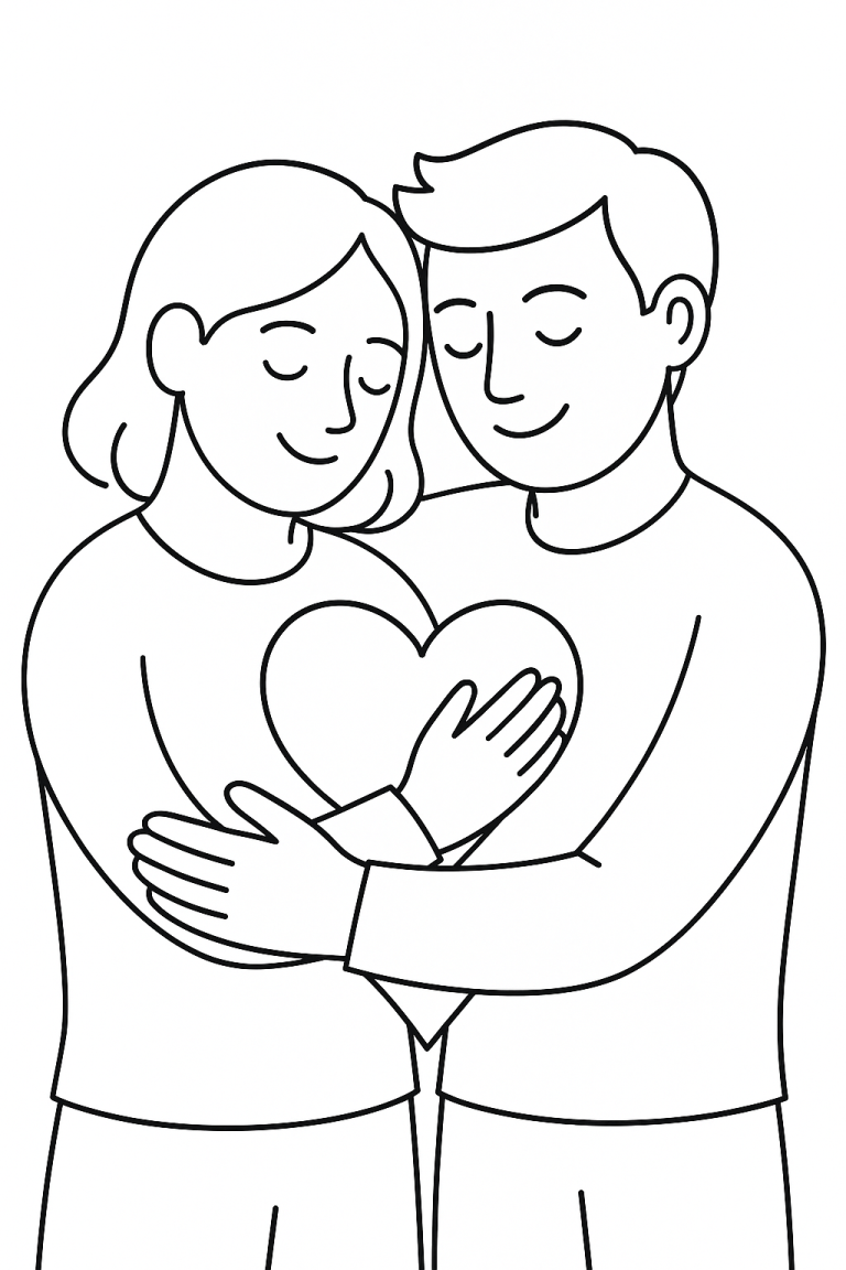 Coloring page of a couple holding a heart