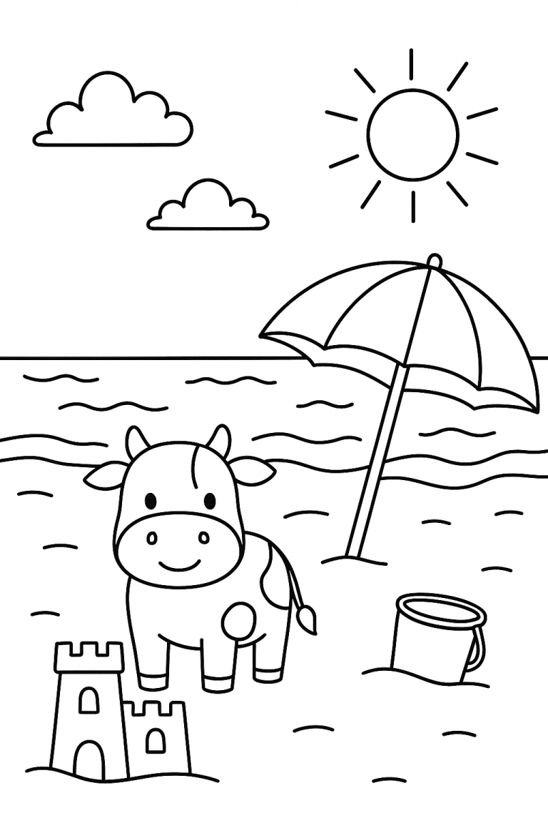 Cow at the beach coloring page with sun and sandcastle