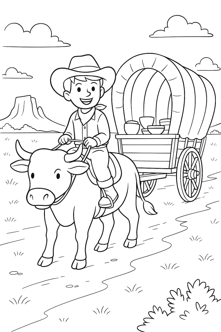 Young cowboy riding an ox with a wagon