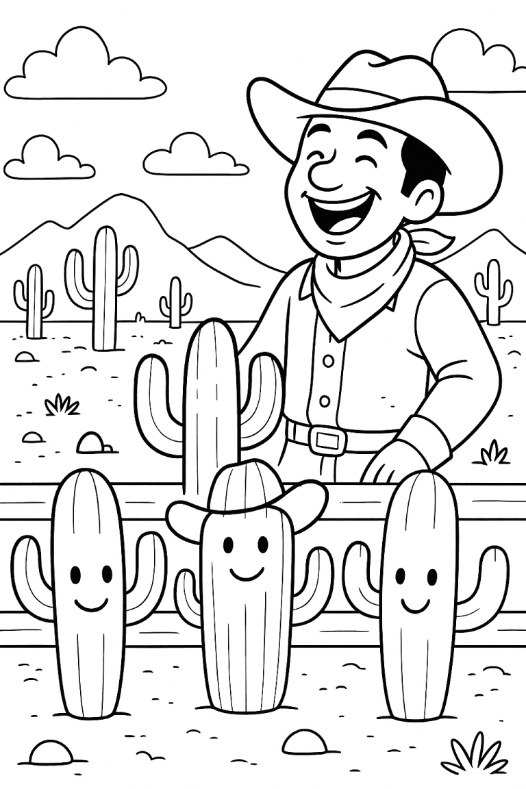 Cheerful cowboy with smiling cacti in desert