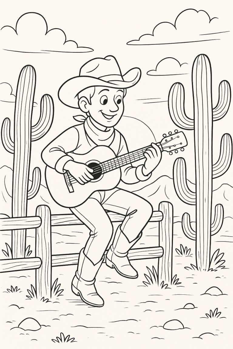 Cowboy playing guitar in desert coloring page