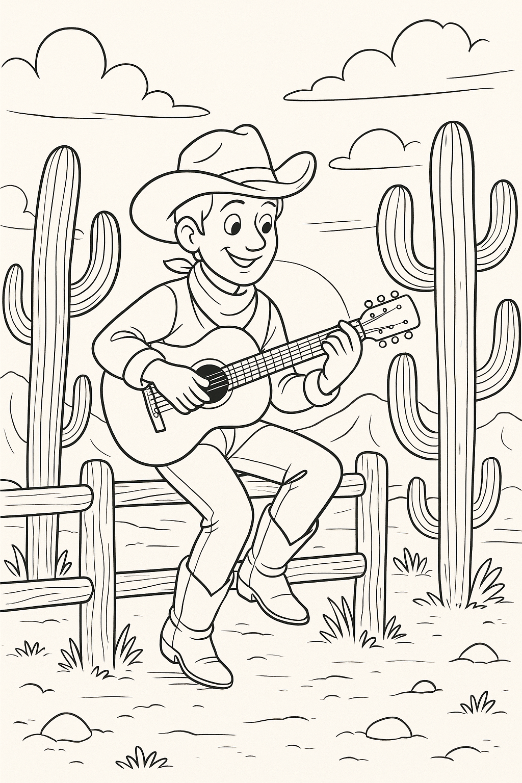 Cowboy playing guitar in desert coloring page