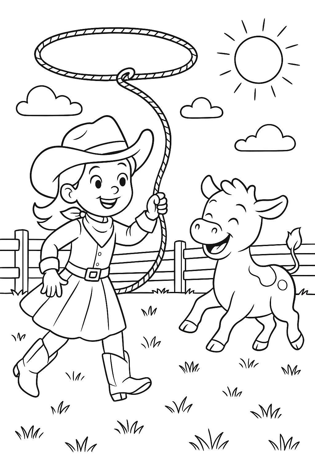 Cowgirl playing with a calf in the sun