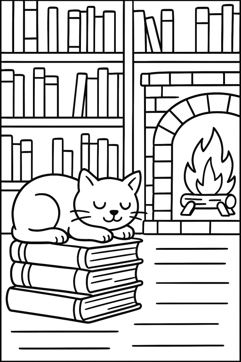Cozy cat sleeping on a stack of books in front of a fireplace