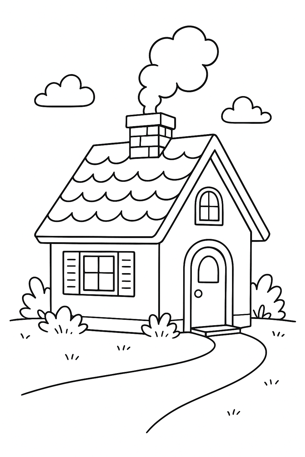 Cozy cottage coloring page for kids with chimney and garden