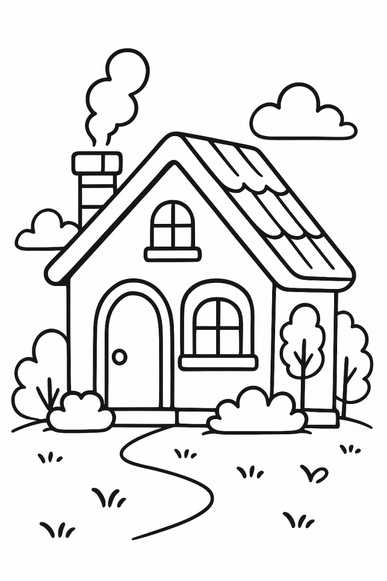 Children's coloring page of a cozy cottage