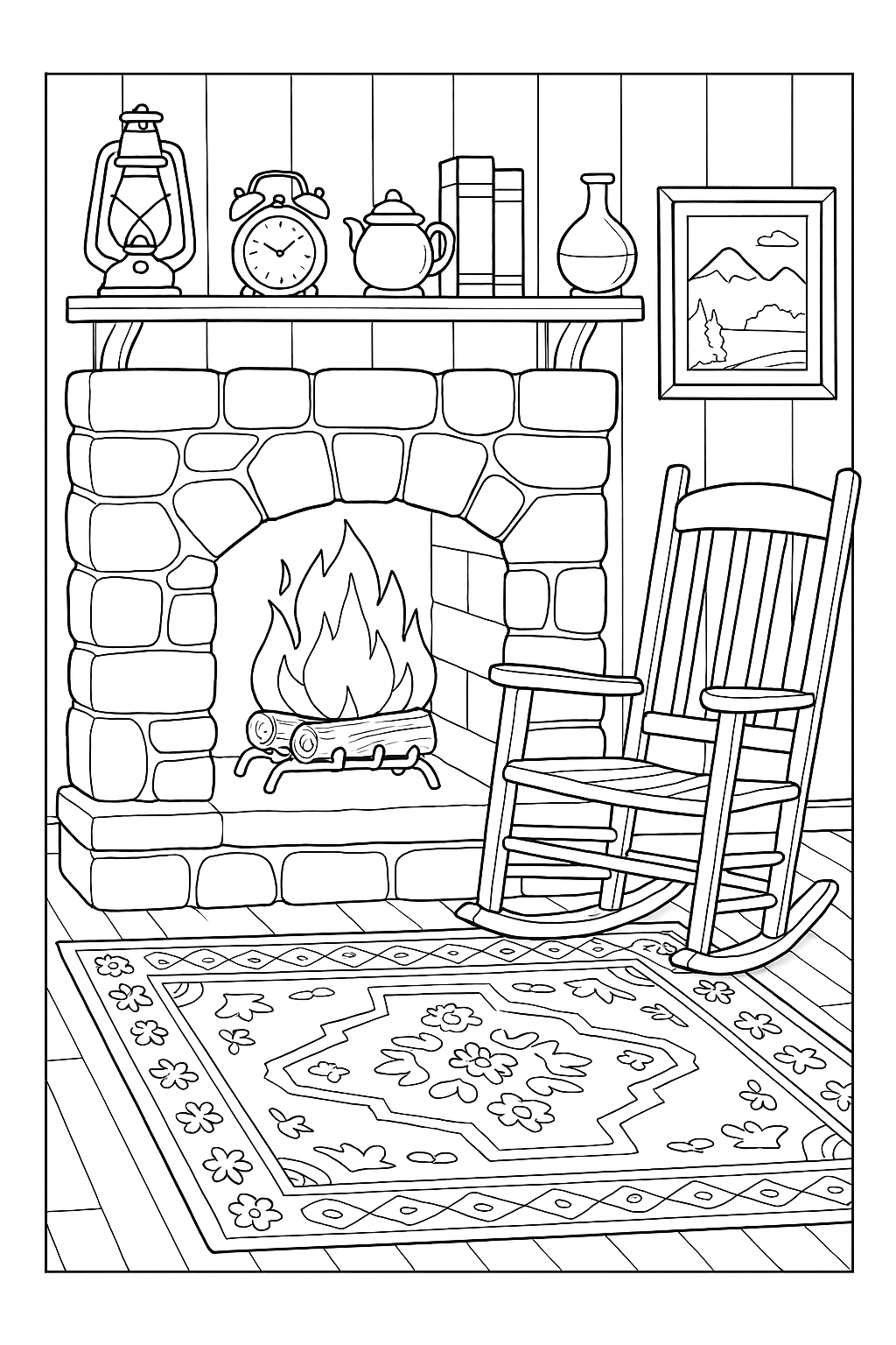 Coloring page of a cozy fireplace scene with a rocking chair and rug.