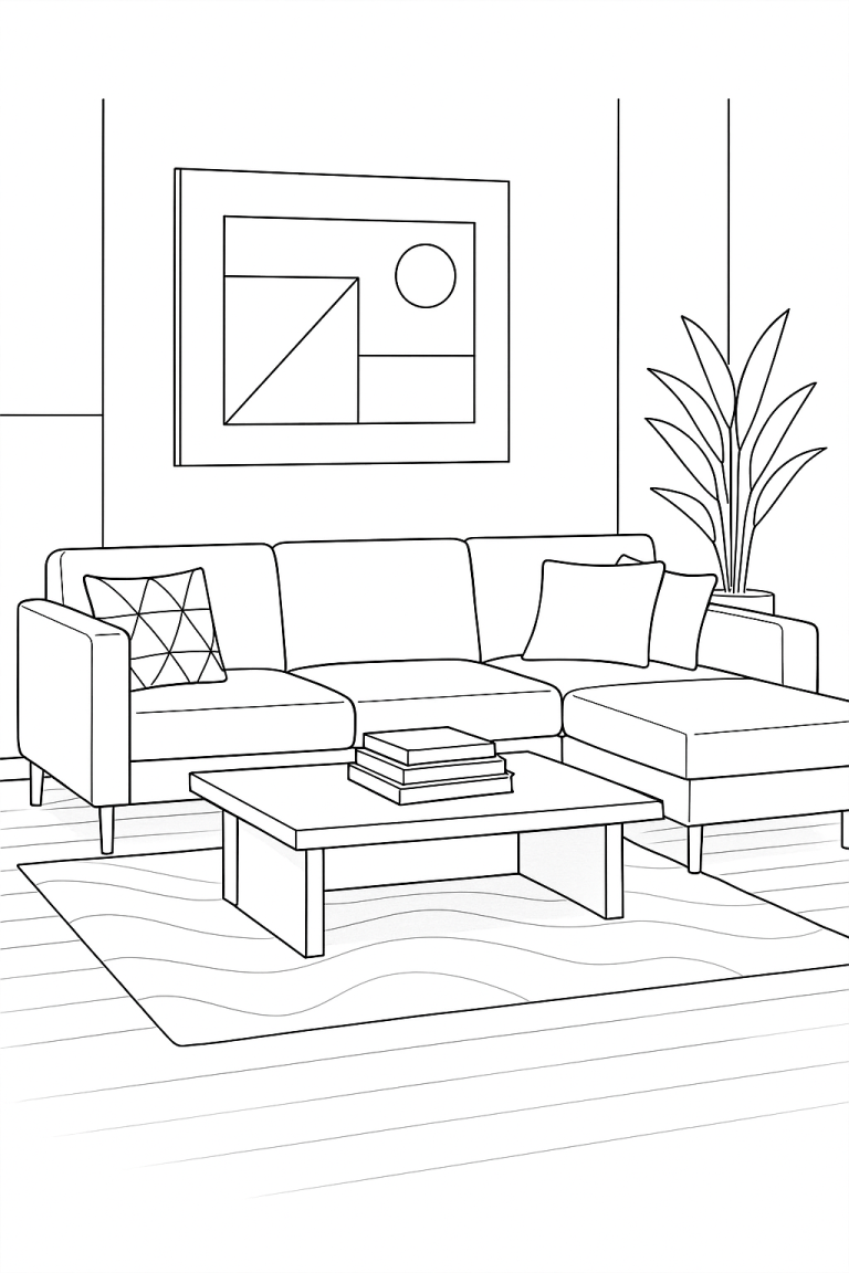Coloring page of a cozy living room with a couch, table, and plant.
