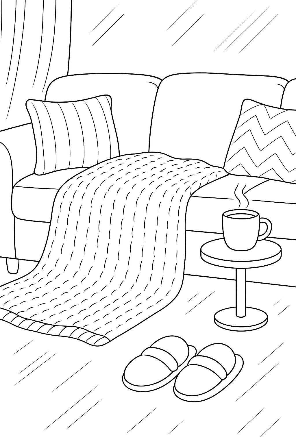 Cozy living room coloring page with sofa and slippers