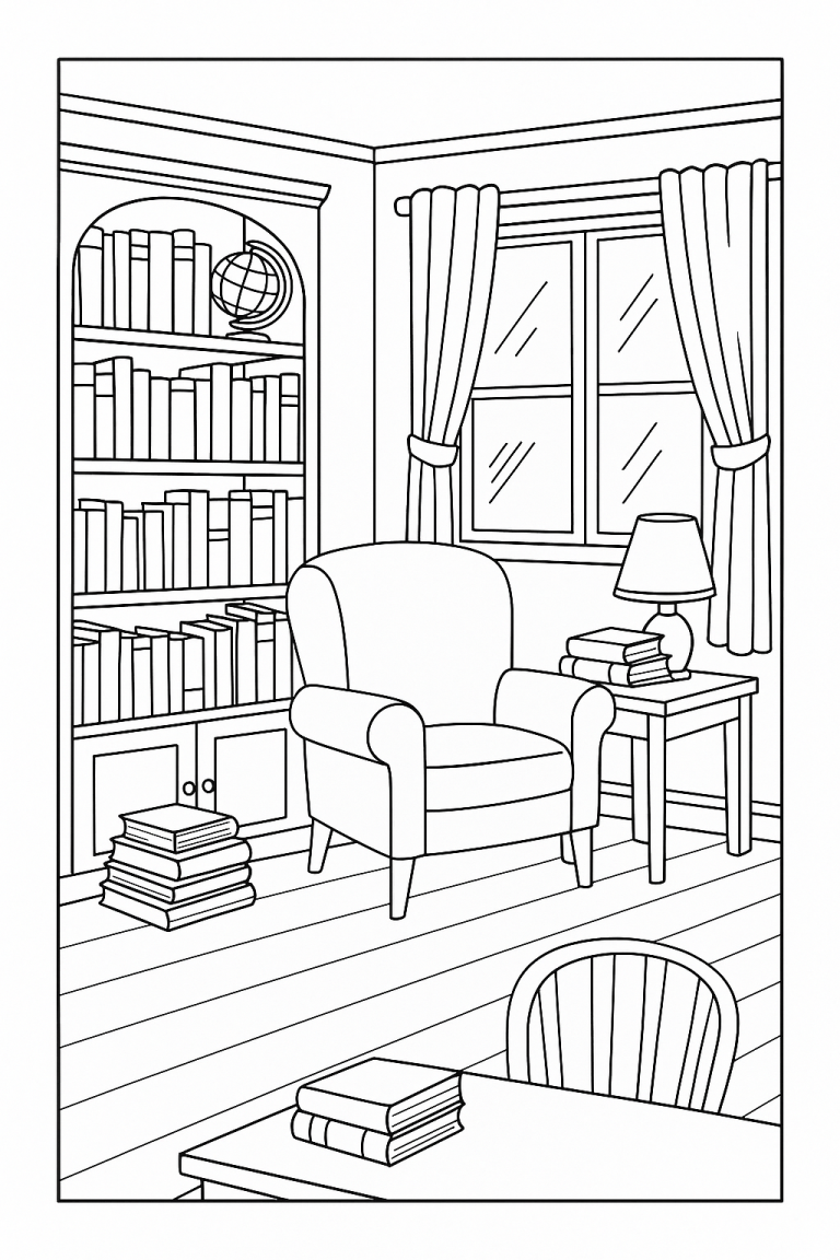 Coloring page of a cozy reading nook with a chair and books