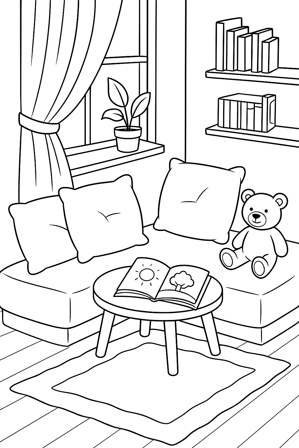 Cozy reading nook cartoon coloring page with teddy bear.