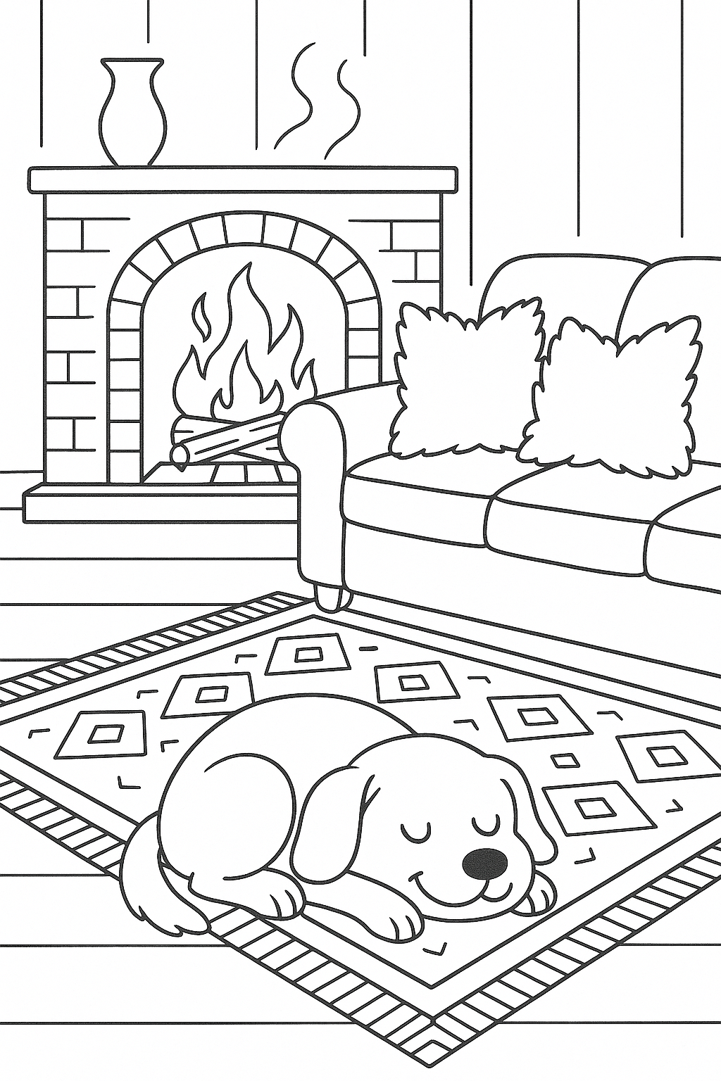 Coloring page of a cozy room with a sleeping dog by a fireplace.