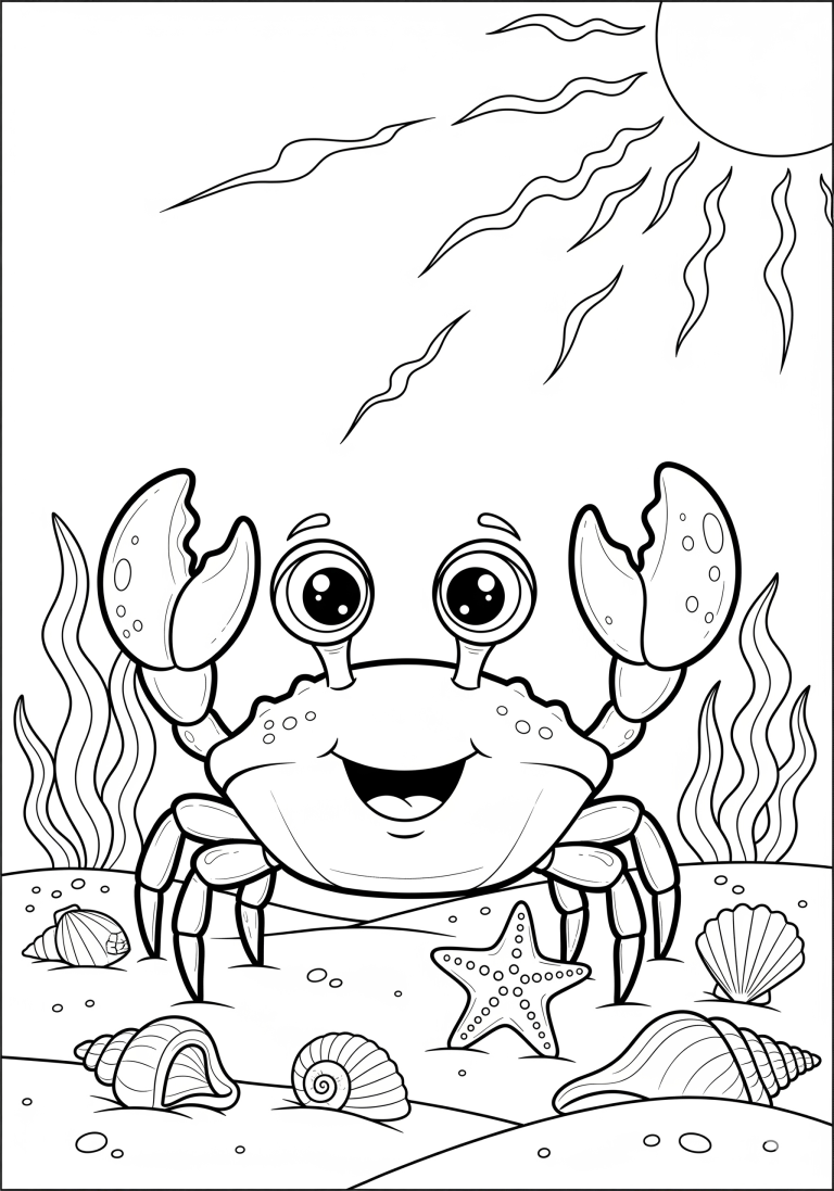 Children's coloring page with a cheerful crab on a beach