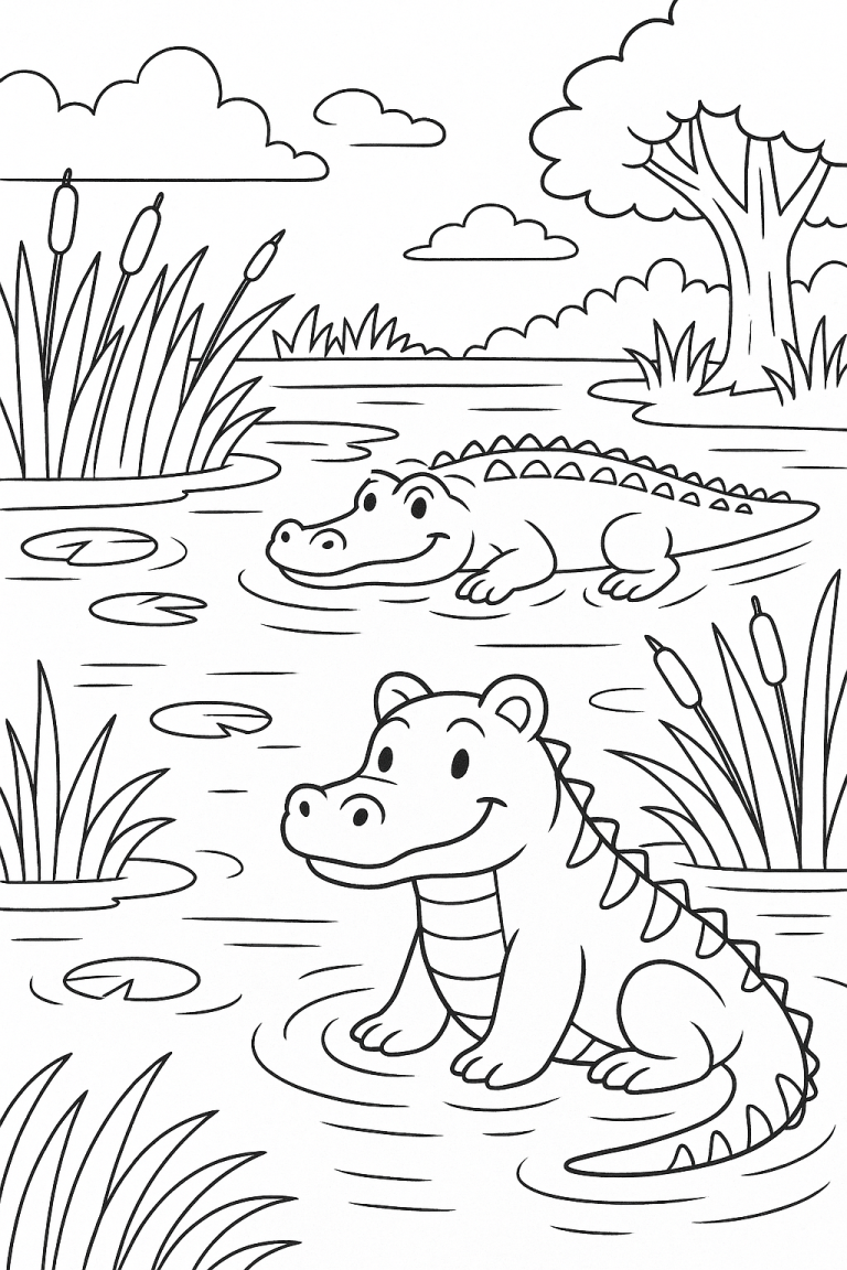 Crocodile Coloring Page with Two Crocodiles in a Pond
