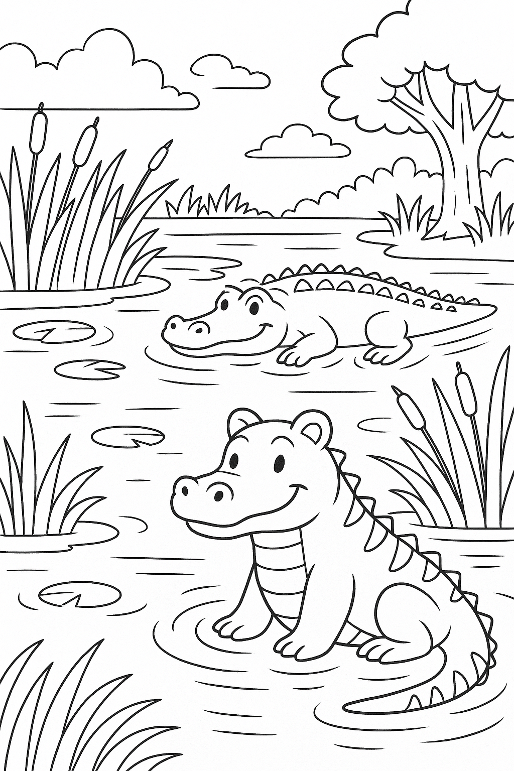 Crocodile Coloring Page with Two Crocodiles in a Pond