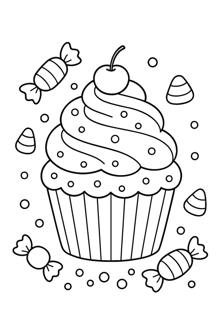 Cupcake coloring page with candies for kids