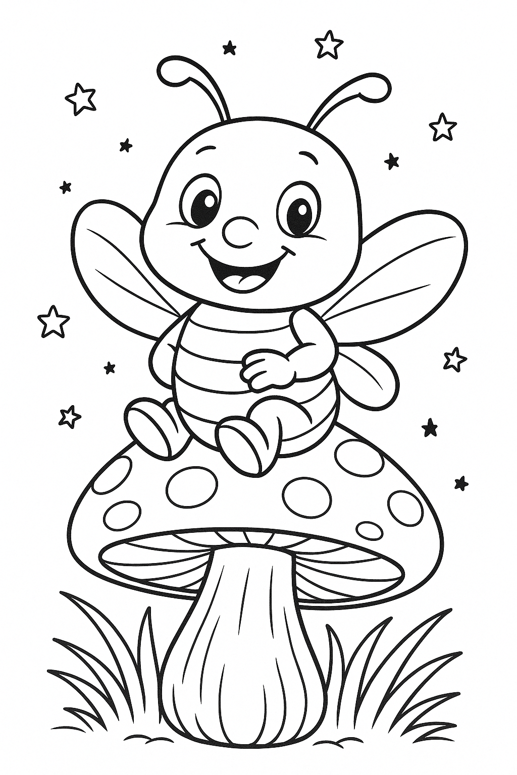 Cute bee sitting on a mushroom with stars