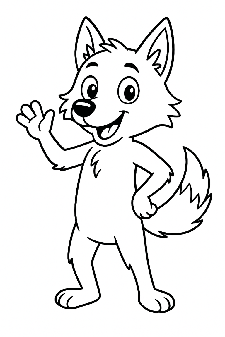 Cute cartoon wolf waving in a coloring page