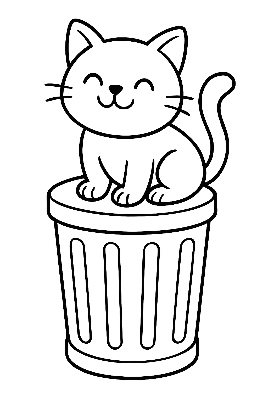 A cute cat sitting on a trash can coloring page
